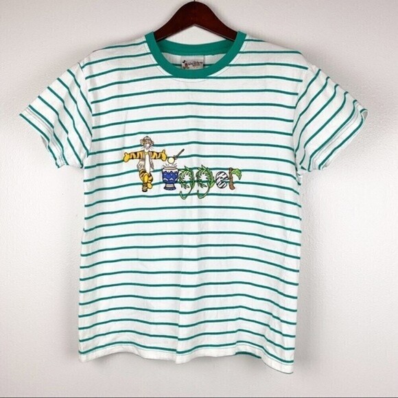 Disney Tiger Embroidered Green Striped Vintage Short Sleeve Tee Size L - Picture 1 of 7